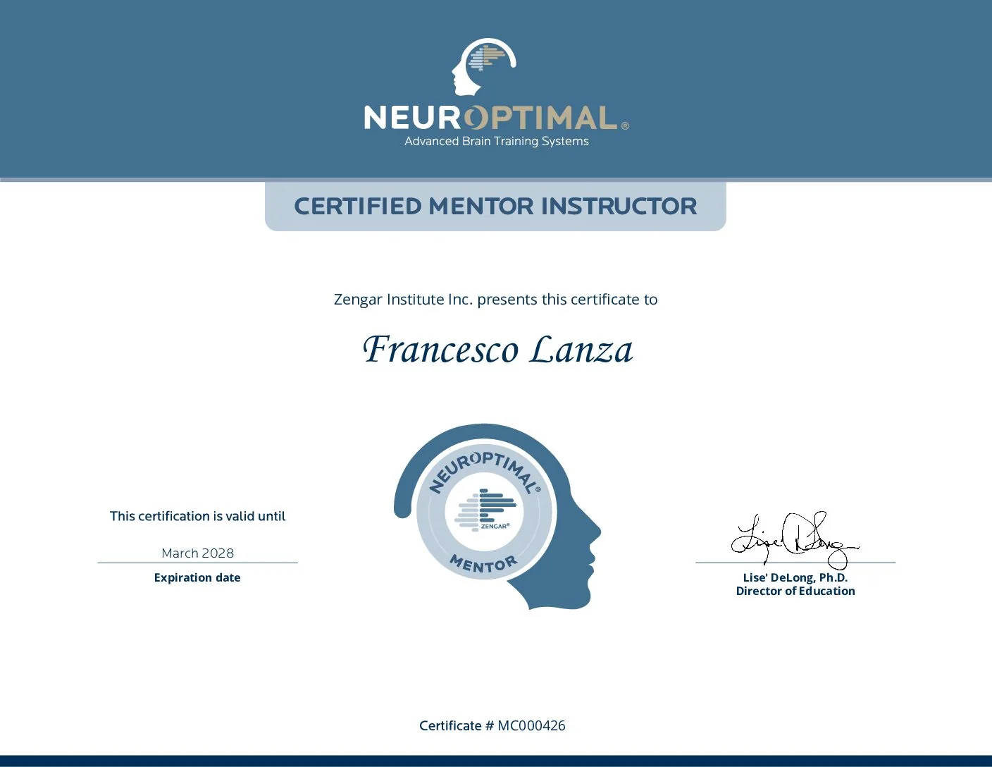 Certificato Mentor Instructor Zengar Institute® 2026